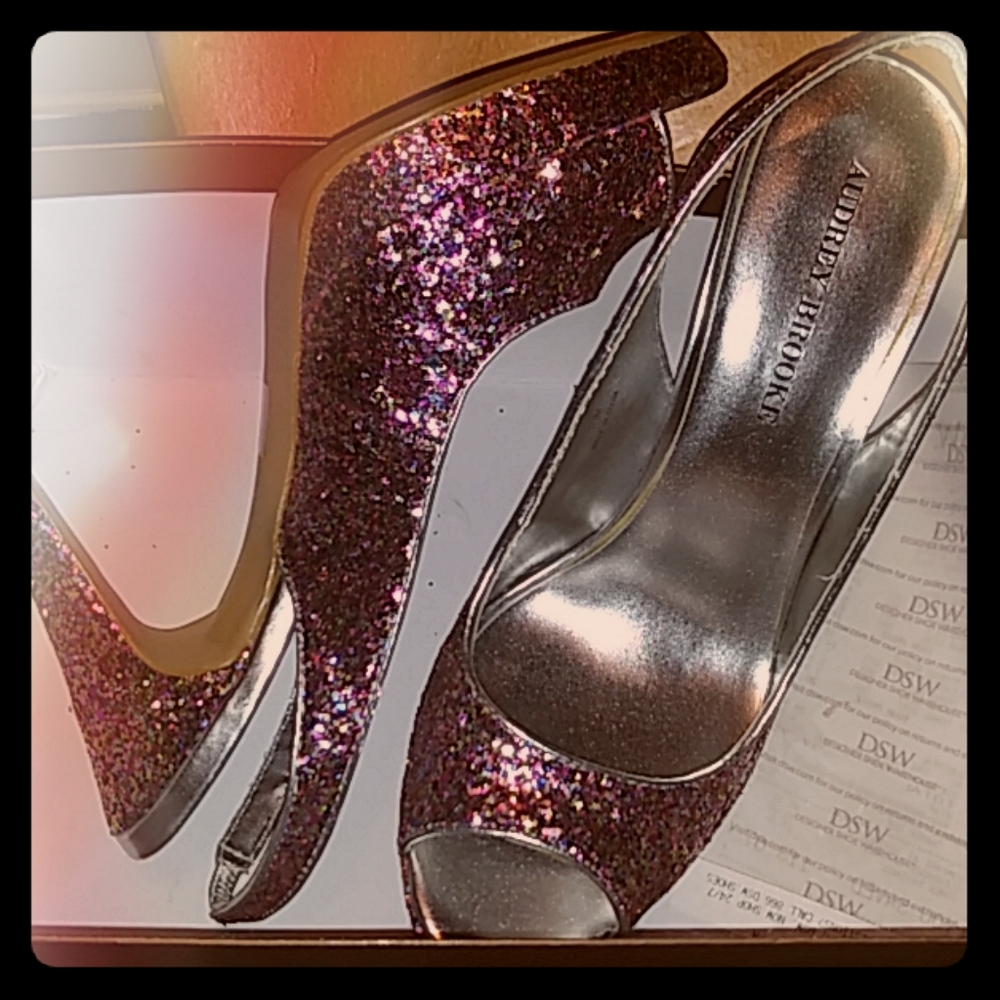 Audrey Brooks glitter sling back pumps.